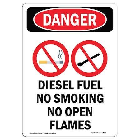 OSHA Danger Sign, Diesel Fuel No Smoking, 24in X 18in Rigid Plastic